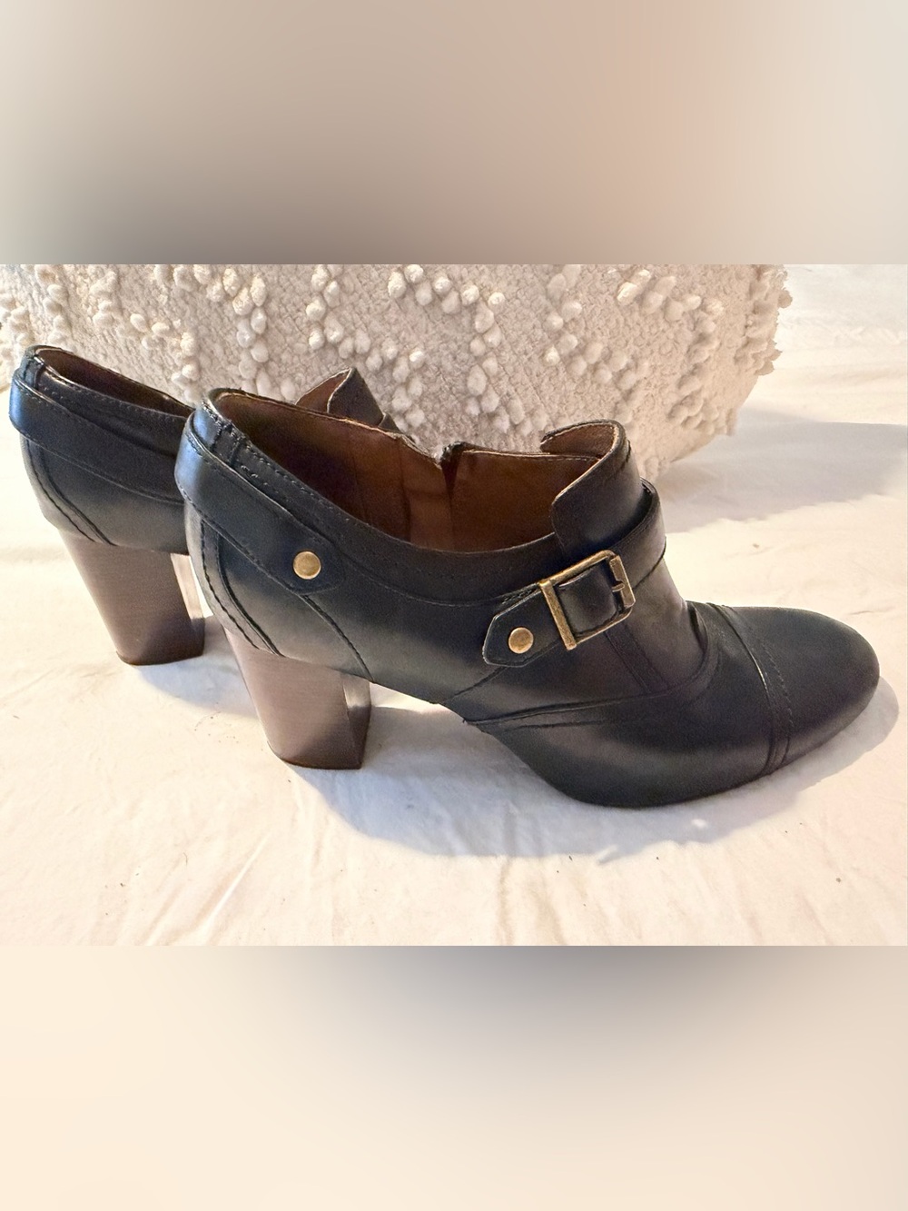 Clark’s Women's Black Leather Heeled Ankle Bootie with Buckle Detail
